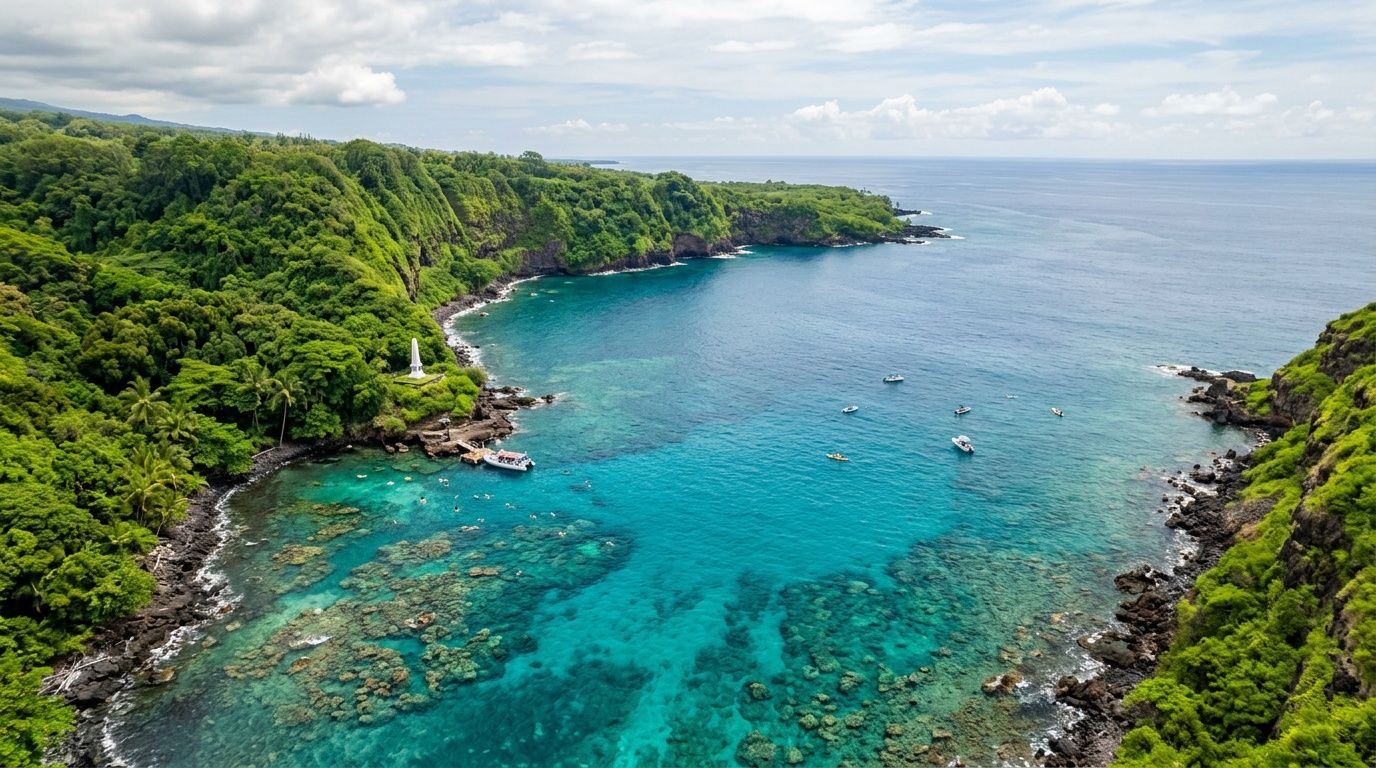 An aerial view of the turquoise waters at Kealakekua Bay with a white monument and boats nearby.