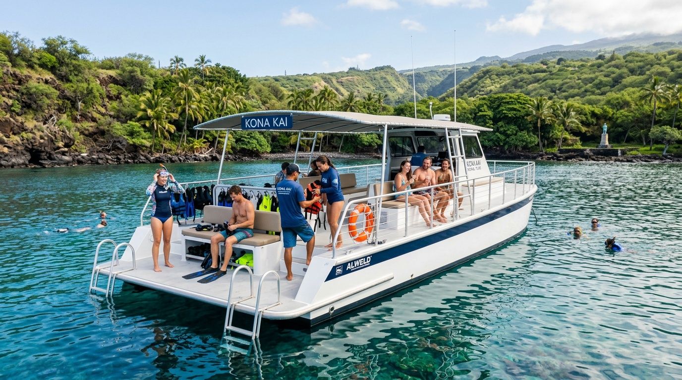 A group of people preparing for snorkeling on a boat in the clear waters of Kealakekua Bay.