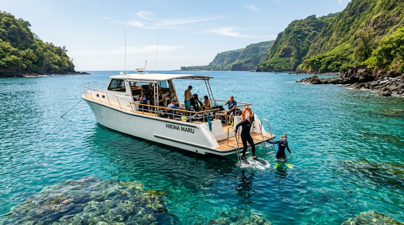 A snorkeling tour boat named Hikina Maru in the crystal clear turquoise waters of Kealakekua Bay.