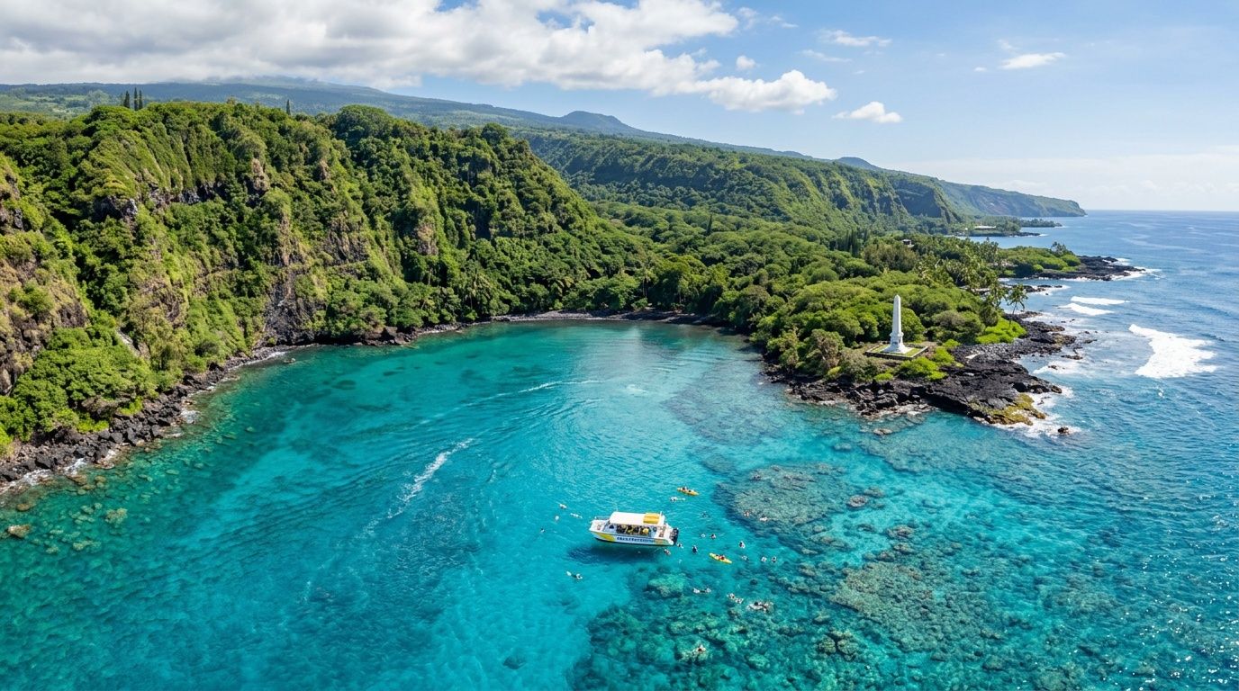 An aerial view of the turquoise waters of Kealakekua Bay with a boat and snorkeling tourists.