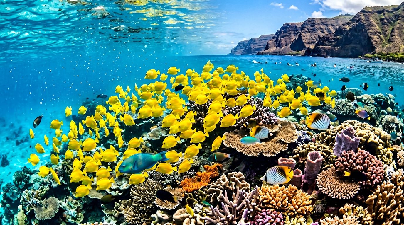 A vibrant coral reef ecosystem with hundreds of yellow tang fish swimming in clear Hawaiian tropical waters.