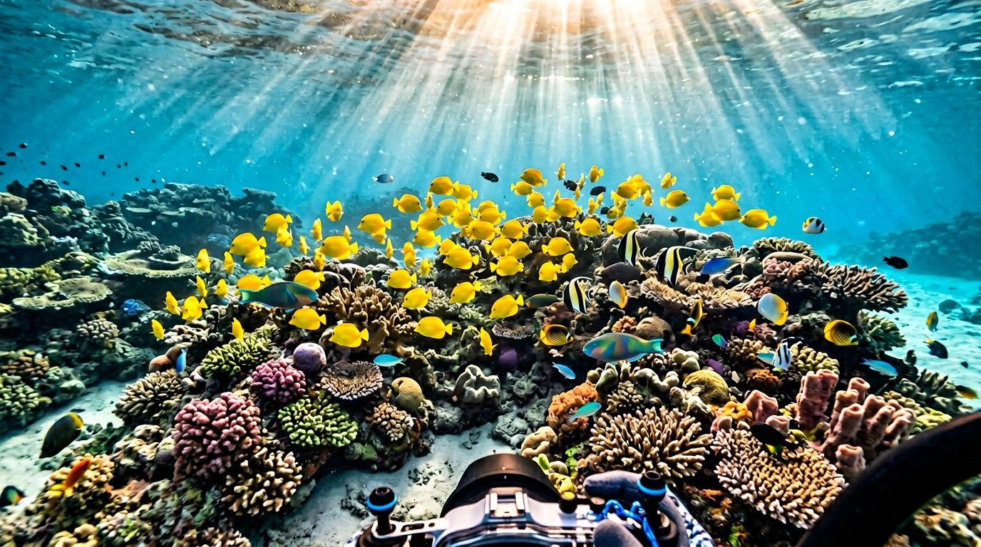 A first-person view of colorful tropical fish swimming above a vibrant coral reef in clear blue water.