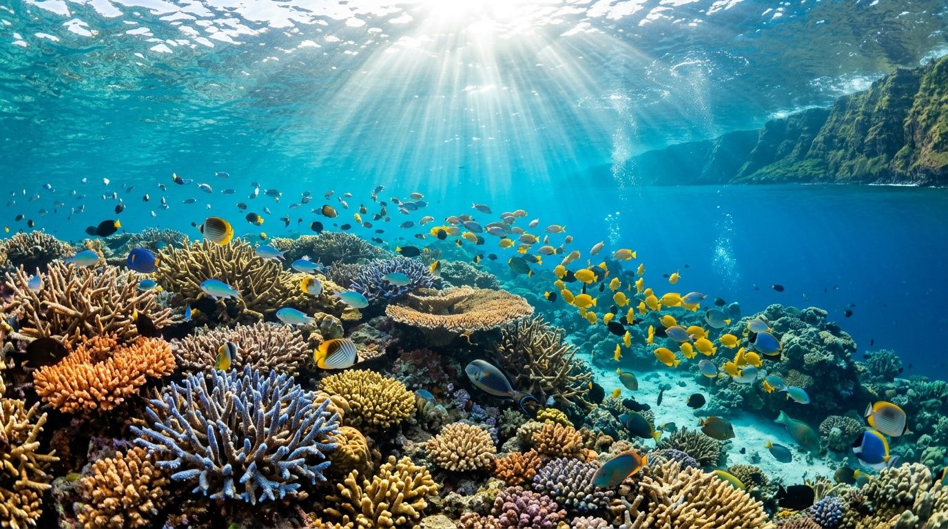 A vibrant coral reef ecosystem with diverse tropical fish swimming under clear blue ocean sunlight.