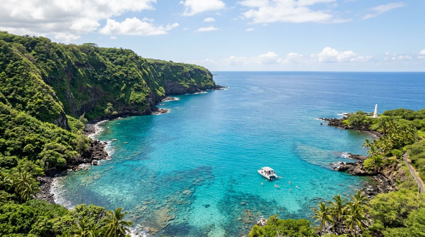 A scenic aerial view of Kealakekua Bay in Hawaii featuring turquoise water, a boat, and lush greenery.