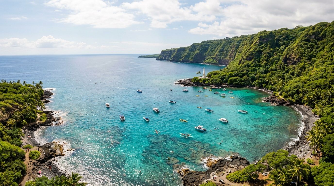 An aerial view of the turquoise waters of Kealakekua Bay in Hawaii filled with several tour boats