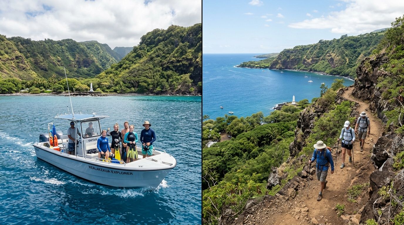 A split-screen view showing tourists on a boat and hiking on a coastal trail at Kealakekua Bay, Hawaii.