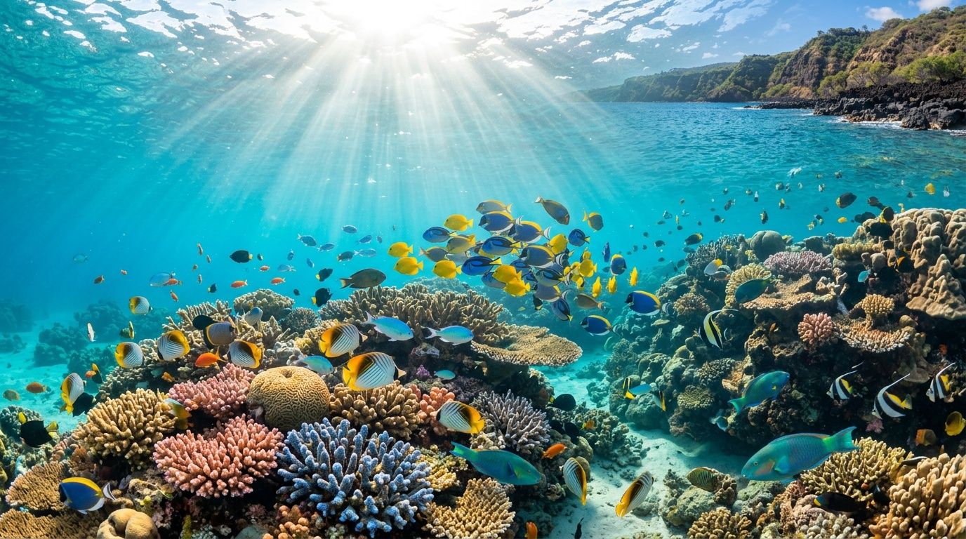 A vibrant coral reef in Kealakekua Bay, Hawaii, filled with diverse tropical fish swimming in clear water.