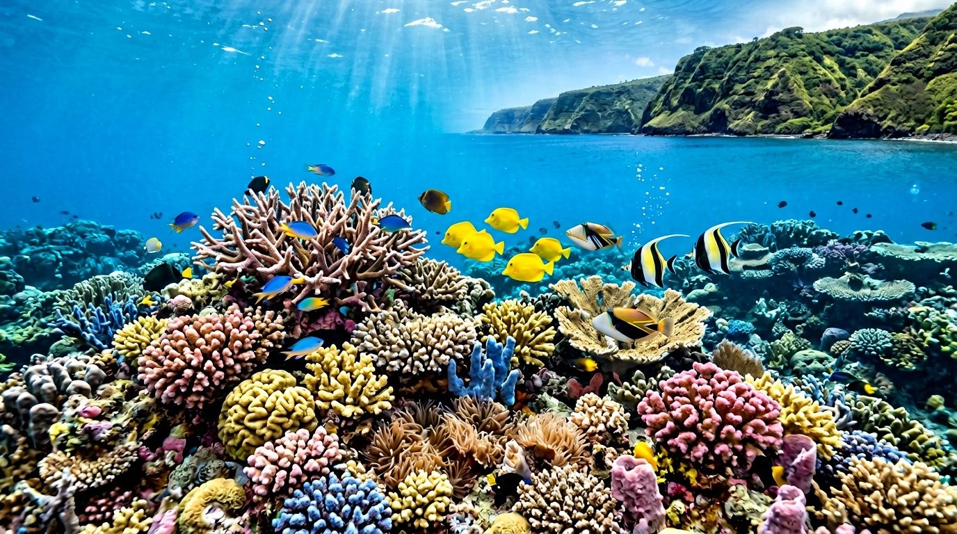 A vibrant coral reef in Kealakekua Bay, Hawaii, filled with colorful tropical fish and crystal clear water.