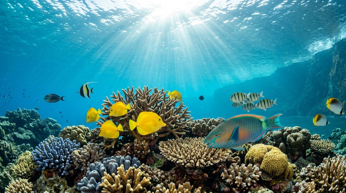 A vibrant coral reef in Kealakekua Bay, Hawaii, filled with yellow tangs and tropical fish under sunlight.