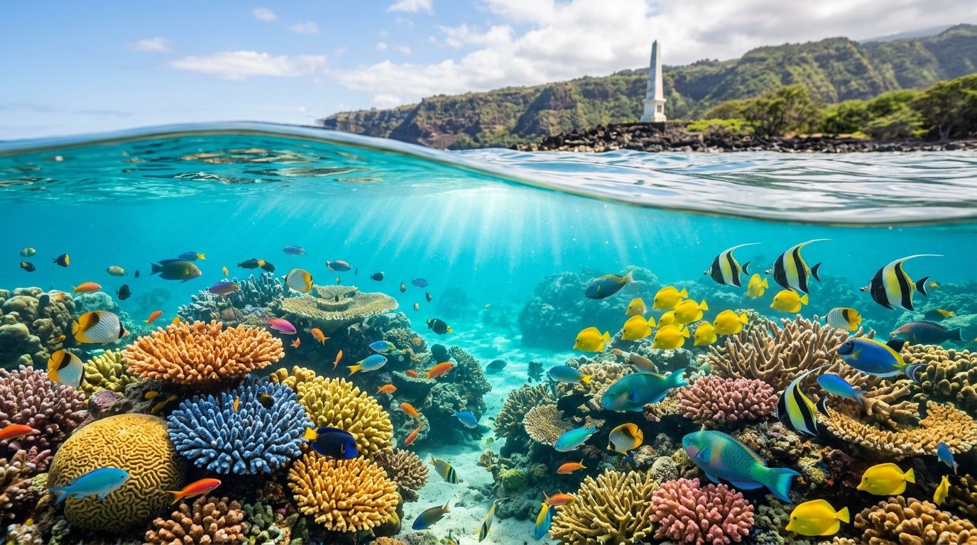 A split-level view showing vibrant coral reefs and tropical fish underwater with a scenic Hawaiian coastline above.