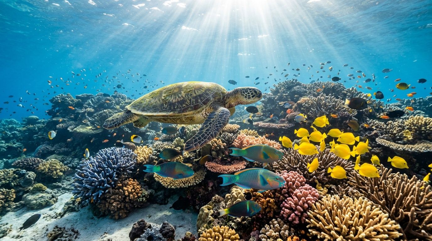 A sea turtle swims gracefully over a colorful coral reef populated by tropical fish in Hawaii.