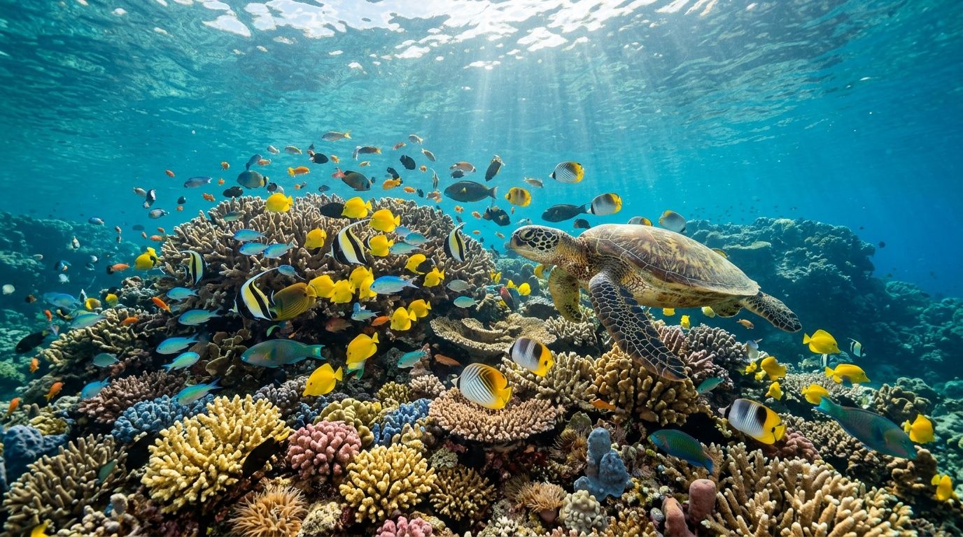 A sea turtle swimming near a colorful coral reef teeming with various tropical fish in clear water.