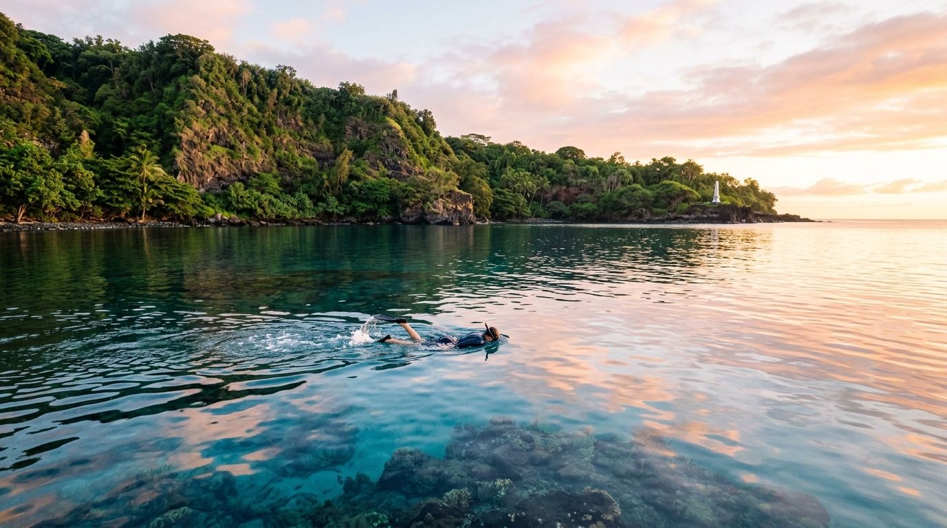 A person snorkeling in the clear, calm waters of Kealakekua Bay near lush green cliffs at sunset.