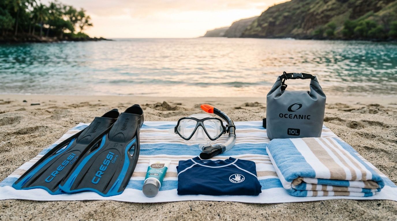Snorkeling gear, sunscreen, and a dry bag laid out on a beach towel at Kealakekua Bay, Hawaii.