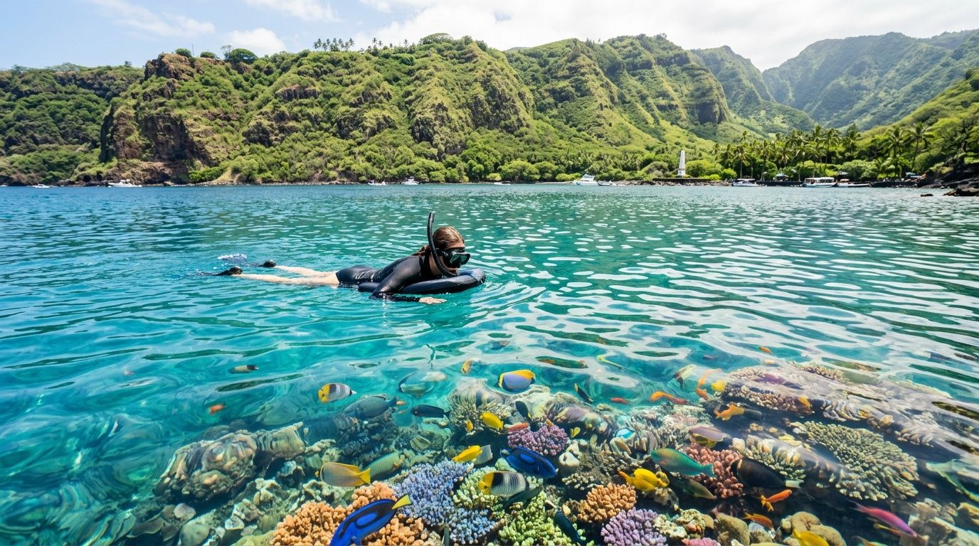 A person snorkels over a vibrant coral reef in the crystal clear turquoise water of Kealakekua Bay, Hawaii.