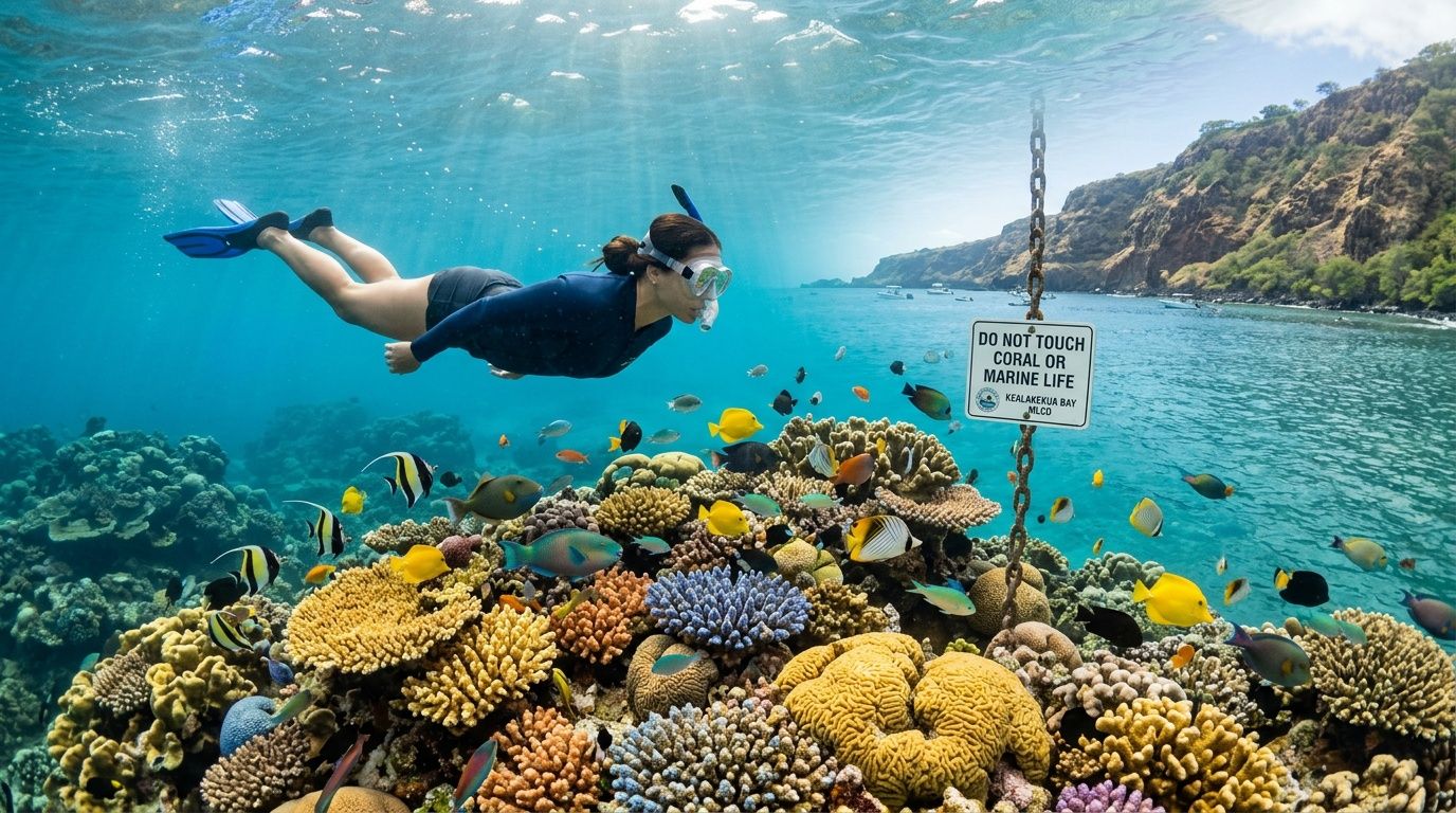 A snorkeler swims over a vibrant coral reef in Kealakekua Bay with a warning sign nearby.
