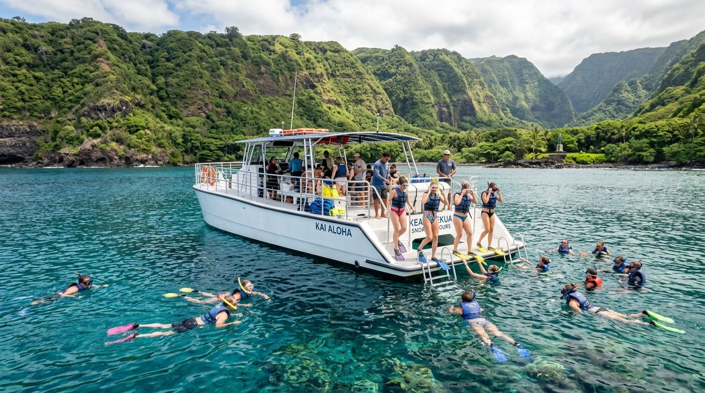 Tourists swimming and snorkeling around the Kai Aloha boat in the scenic Kealakekua Bay, Hawaii.