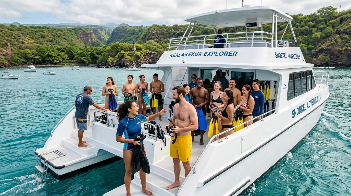 A group of people preparing for a snorkeling excursion on the Kealakekua Explorer boat in Hawaii.