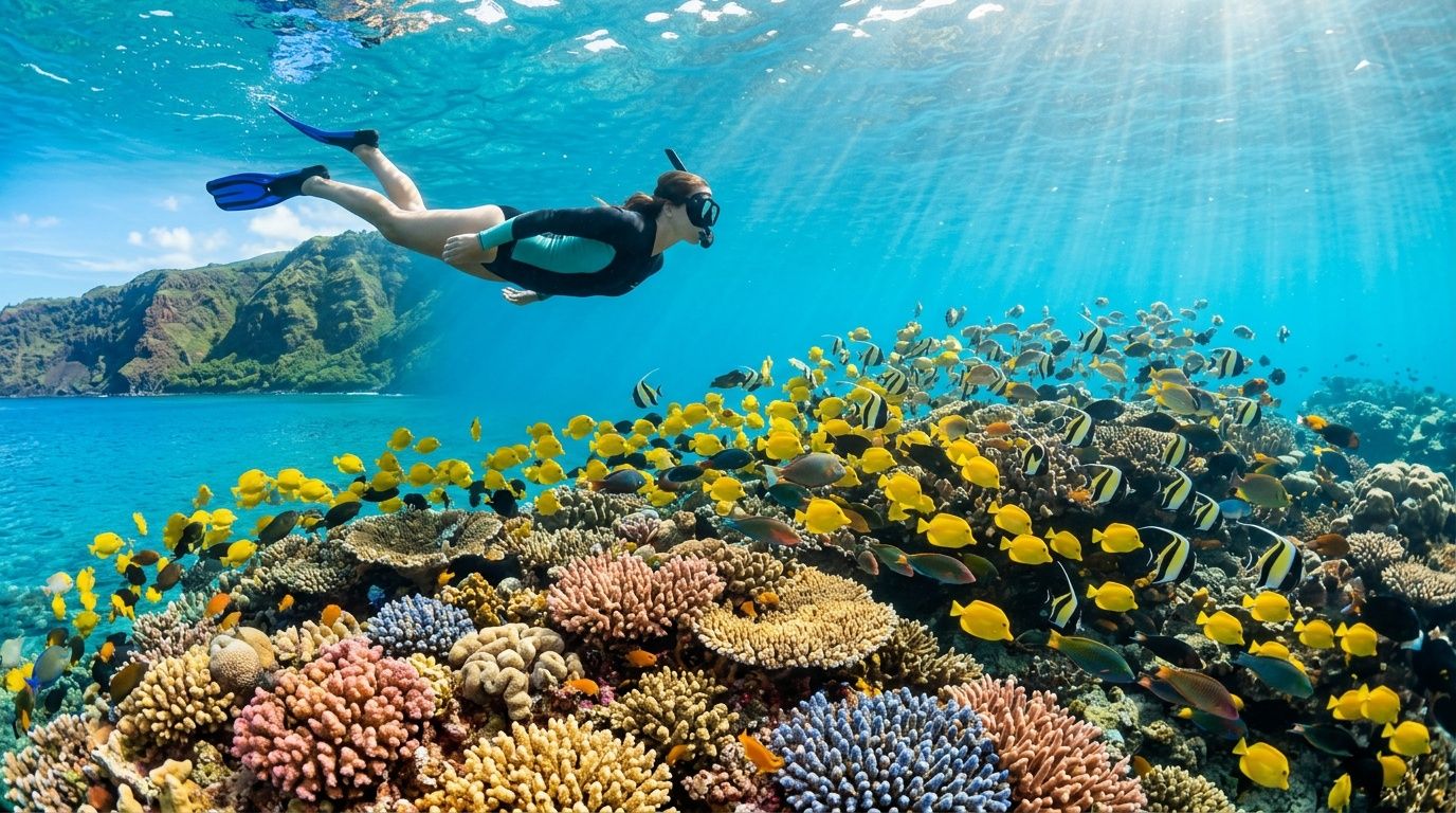 A snorkeler swims over a vibrant coral reef filled with colorful tropical fish in crystal clear water.