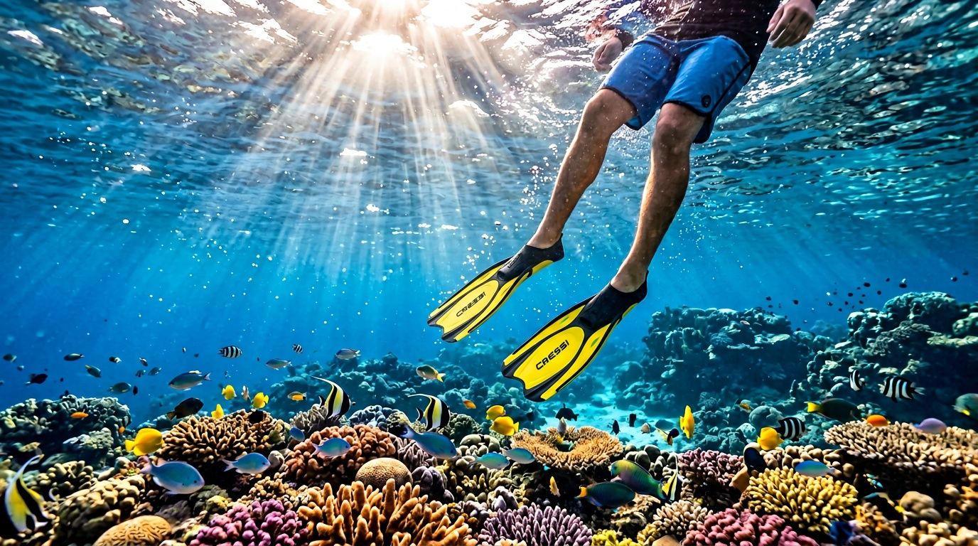 A person wearing flippers snorkeling over a vibrant coral reef in the crystal clear Hawaiian ocean waters.