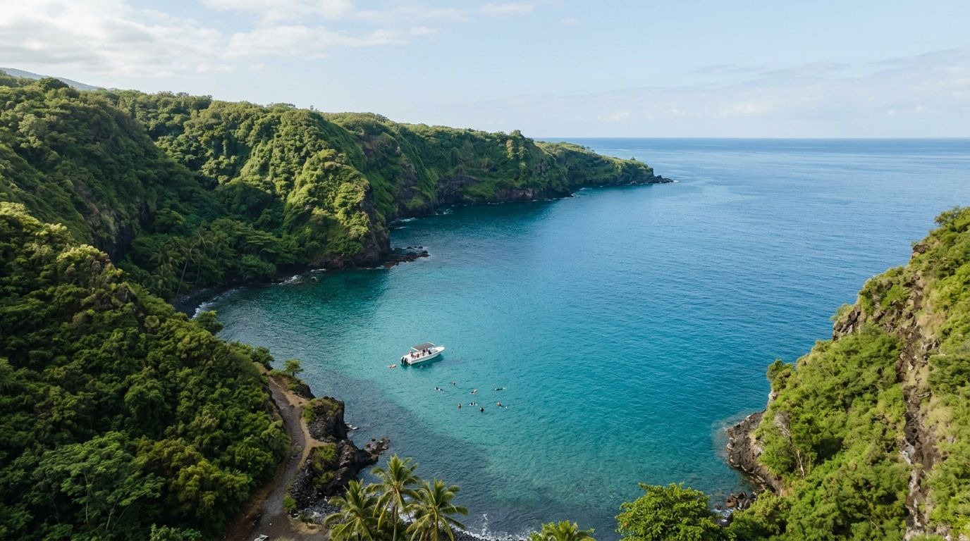 A scenic aerial view of a turquoise tropical bay in Hawaii with a boat and snorkelers.