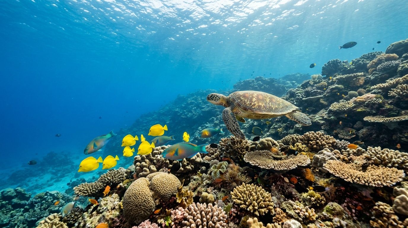 A sea turtle swims gracefully over a colorful coral reef with tropical fish in Kealakekua Bay.