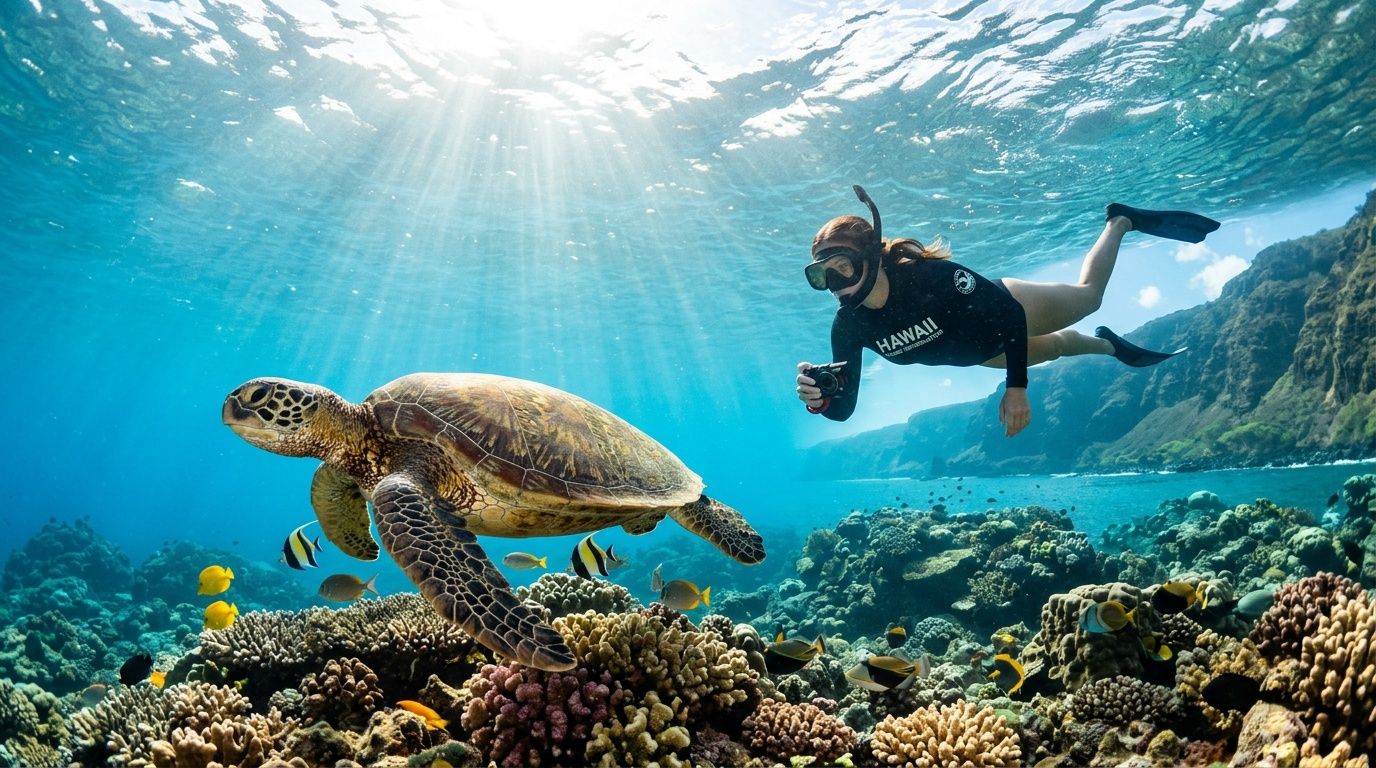 A snorkeler swims near a large sea turtle over a vibrant coral reef in clear blue water.