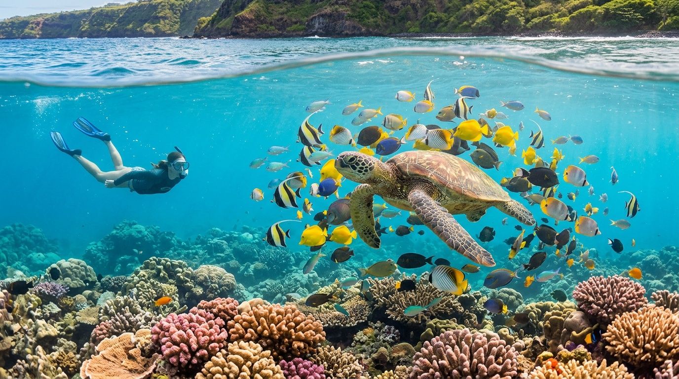 A snorkeler swims near a sea turtle surrounded by colorful tropical fish over a vibrant coral reef.
