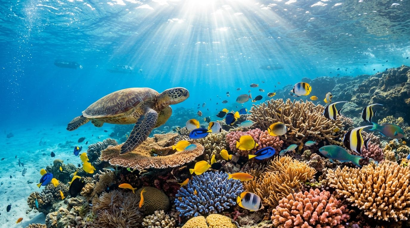 A sea turtle swimming gracefully over a vibrant coral reef filled with colorful tropical fish underwater.