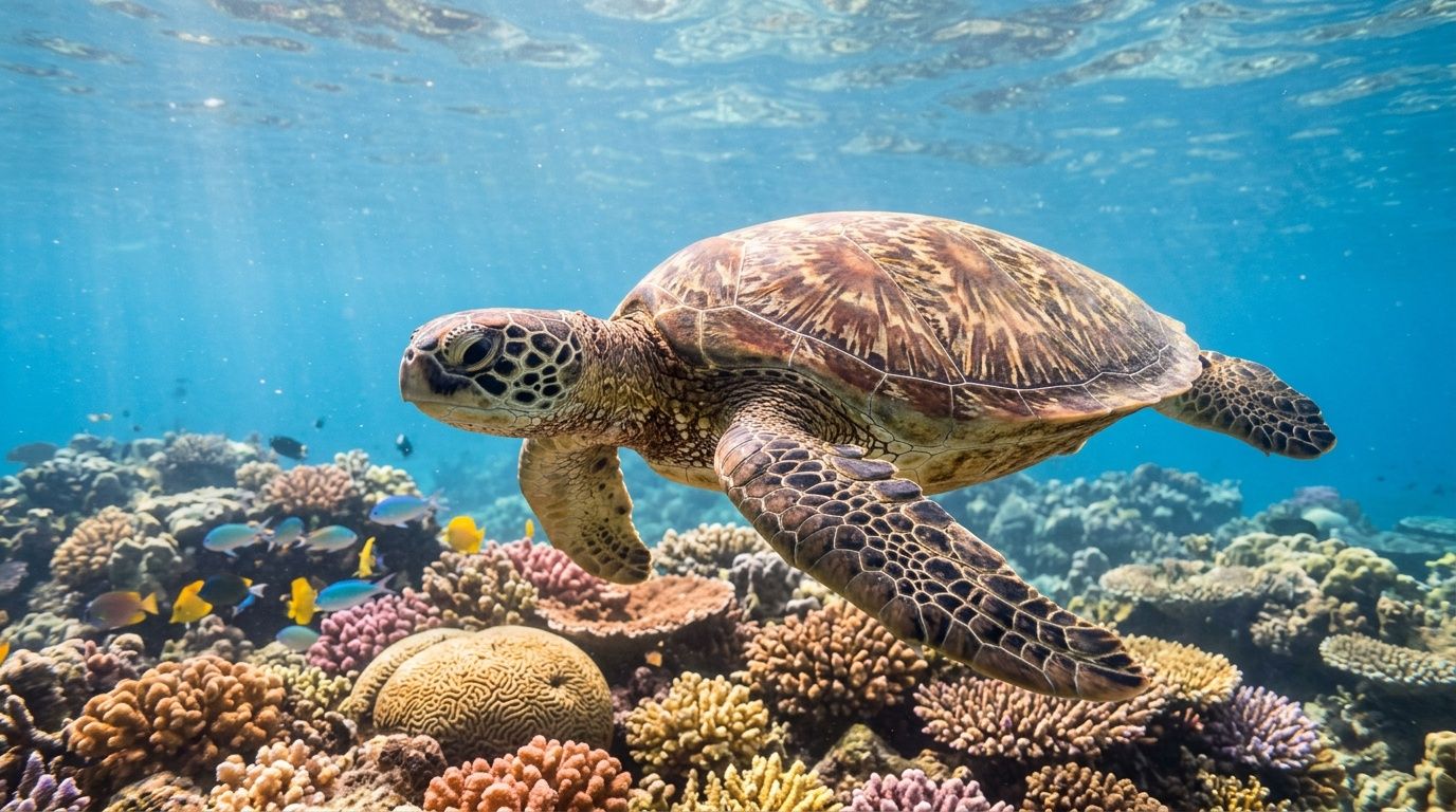 A beautiful green sea turtle swims gracefully above a vibrant coral reef in clear blue ocean water.