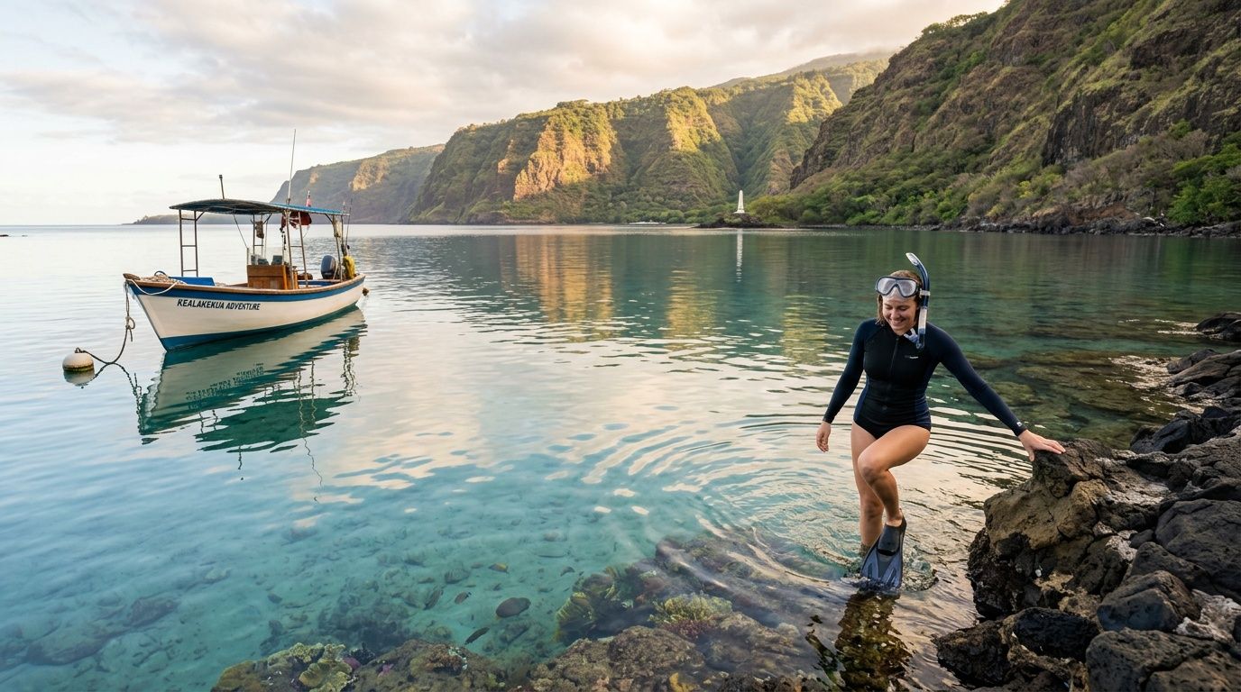 A smiling woman in a wetsuit enters clear water for snorkeling at Kealakekua Bay near a boat.
