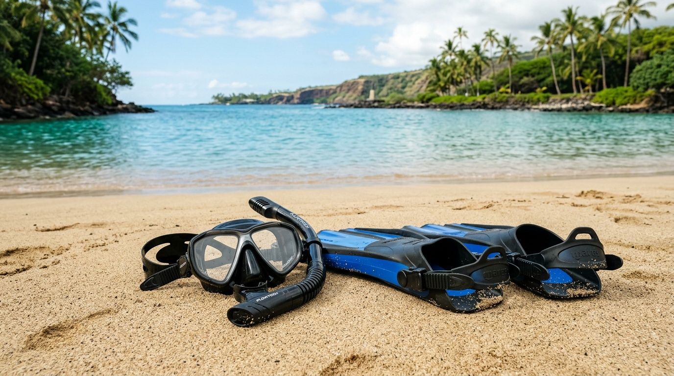 A snorkeling mask and blue fins resting on the sandy beach of Kealakekua Bay, Hawaii.