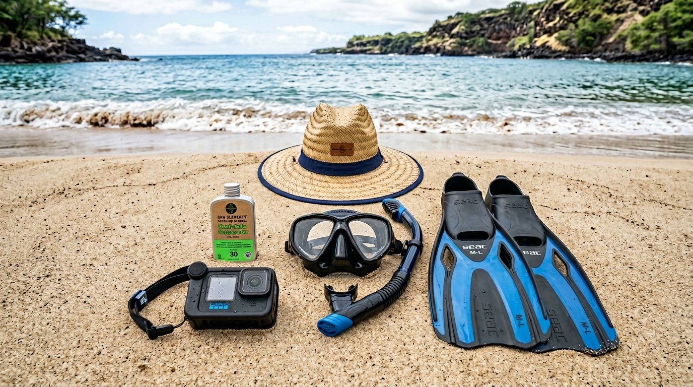 A straw hat, snorkel gear, and a camera sitting on the sandy shore of Kealakekua Bay.