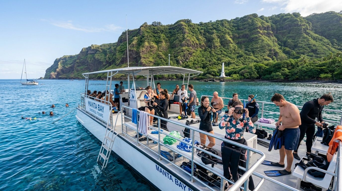 Tourists prepare for snorkeling on a boat in Kealakekua Bay near the Captain Cook Monument in Hawaii.