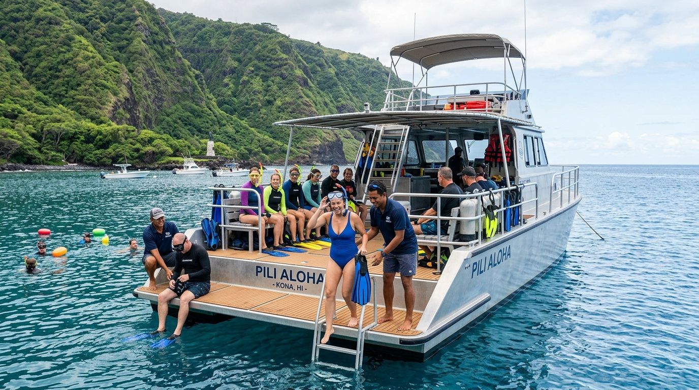People on a snorkeling boat in Kealakekua Bay, Hawaii, preparing for a swim in the ocean.
