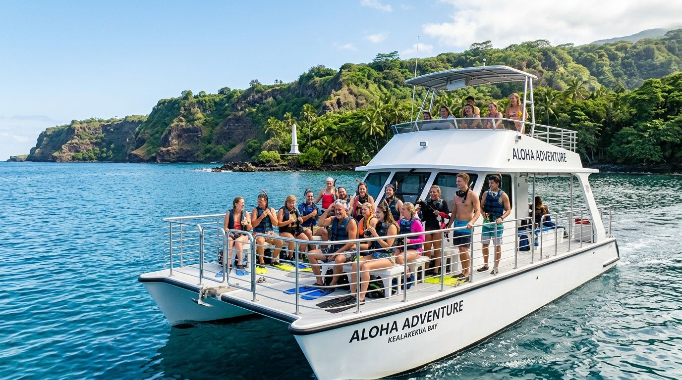 A group of happy tourists smiling while on an Aloha Adventure snorkeling tour boat in Kealakekua Bay.