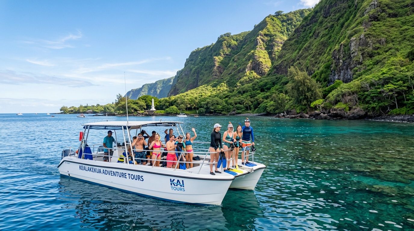 A group of happy tourists on a Kealakekua Bay snorkeling tour boat near the green cliffs.