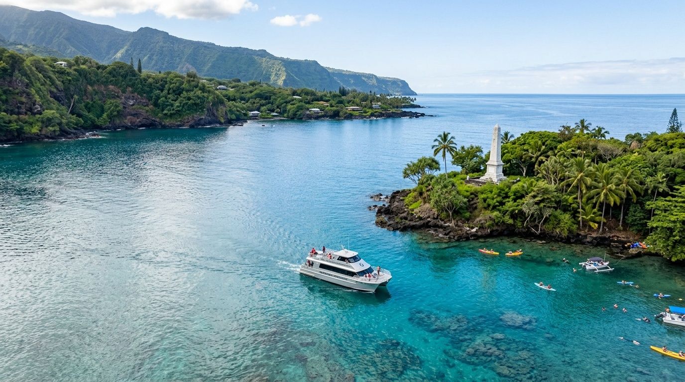 A tour boat navigating the clear turquoise waters of Kealakekua Bay near the Captain Cook Monument.