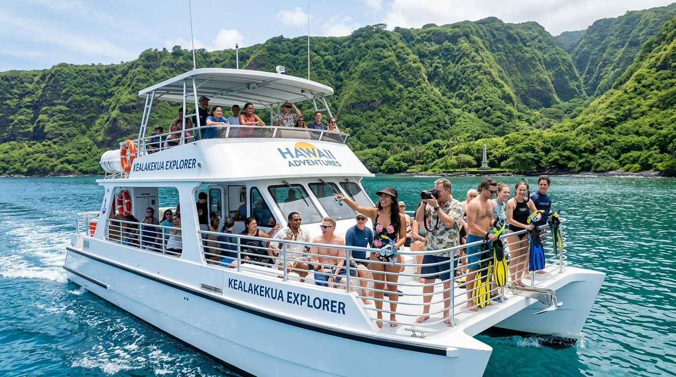 A group of people on a white tour boat exploring the scenic Kealakekua Bay in Hawaii.