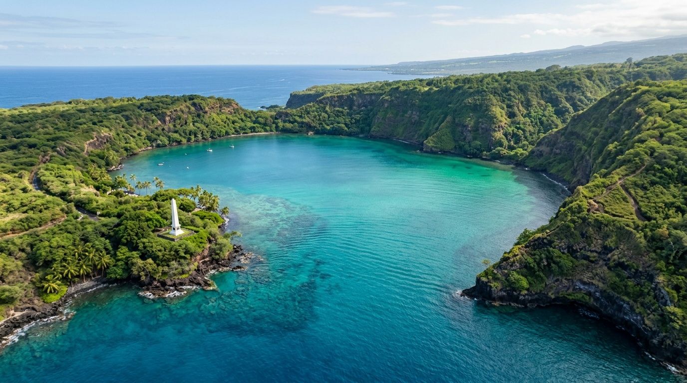 A high-angle aerial view of the historic Kealakekua Bay featuring the white Captain Cook Monument.