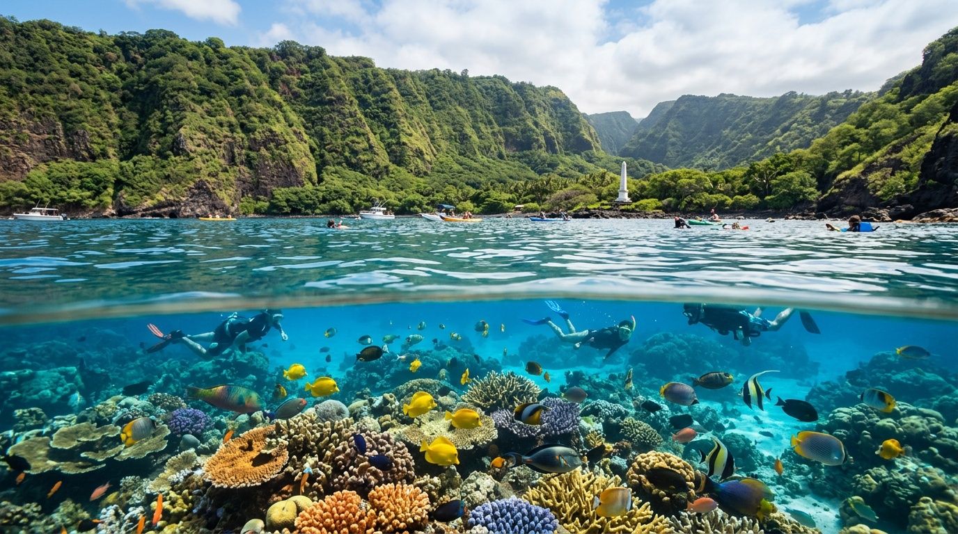 Snorkelers explore a vibrant coral reef in the crystal-clear waters of Kealakekua Bay, Hawaii.