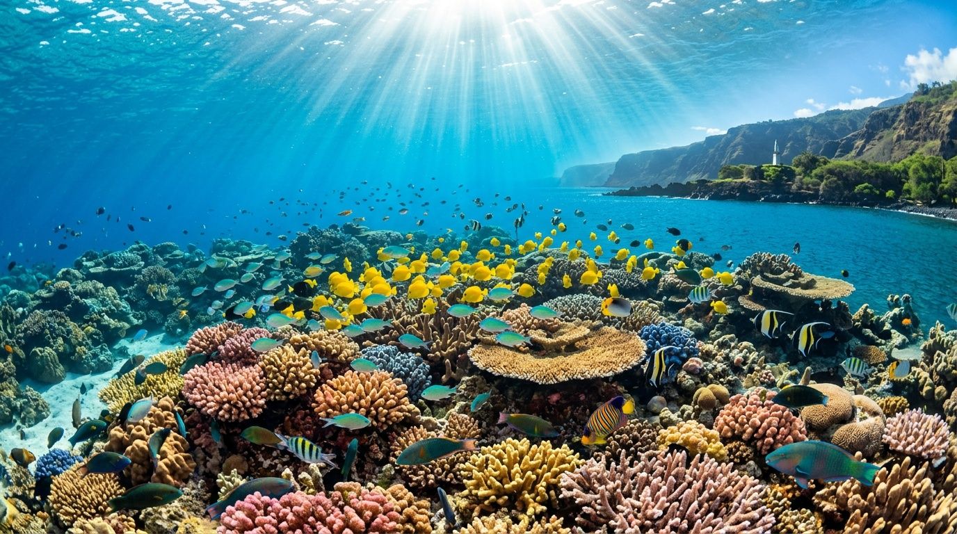 A vibrant coral reef filled with colorful tropical fish beneath the bright sunlit waters of Kealakekua Bay.