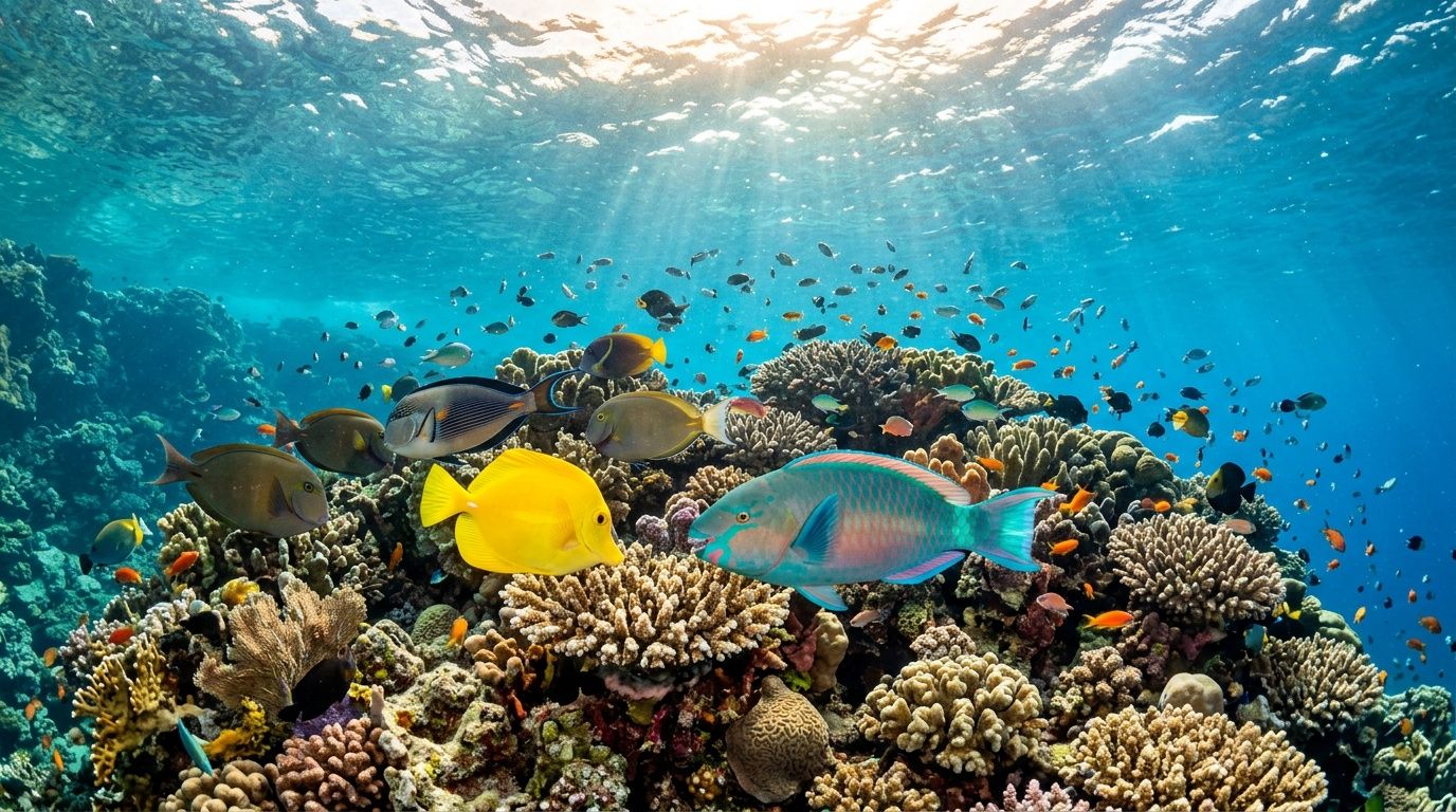 A vibrant coral reef ecosystem teeming with colorful tropical fish swimming in clear blue ocean water.