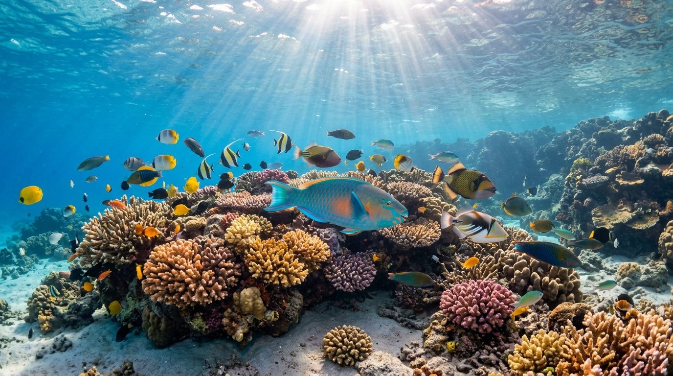 A vibrant coral reef ecosystem teeming with colorful tropical fish swimming in clear blue ocean water.