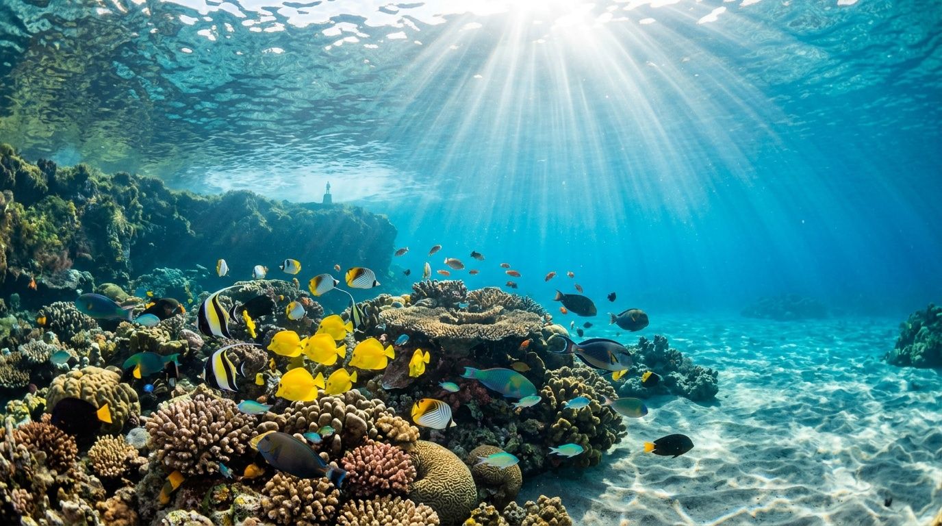 Underwater view of a vibrant coral reef in Kealakekua Bay with colorful tropical fish swimming nearby.