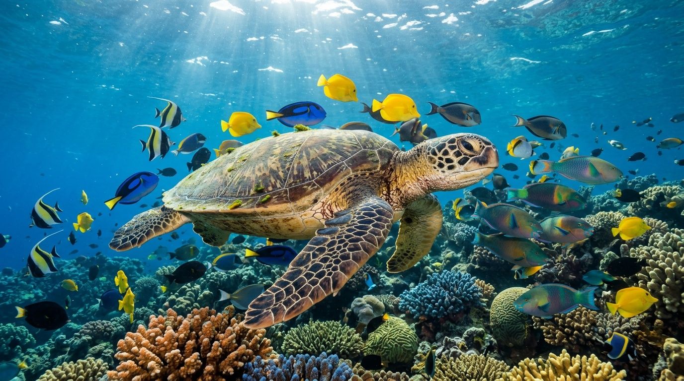 A sea turtle swimming gracefully among colorful tropical fish and vibrant coral reefs in clear blue water.