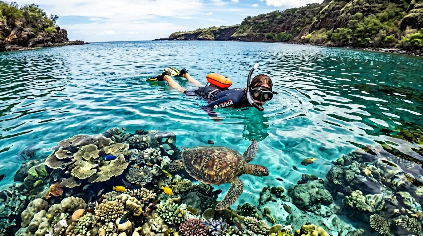 A snorkeler swims in the clear turquoise waters of Kealakekua Bay near a swimming sea turtle.