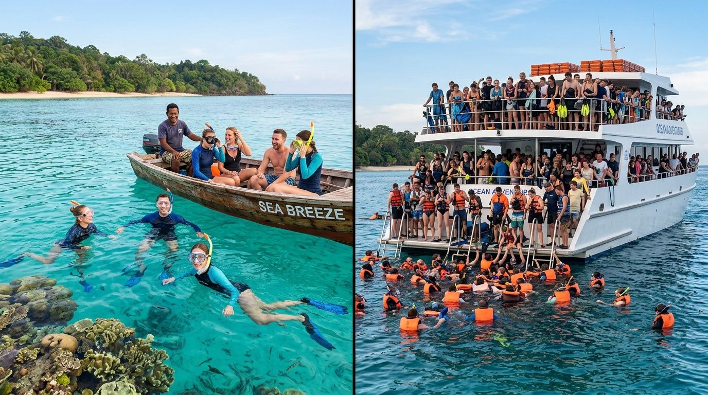 A split-screen view showing tourists snorkeling in clear tropical water and a large group boarding a boat.