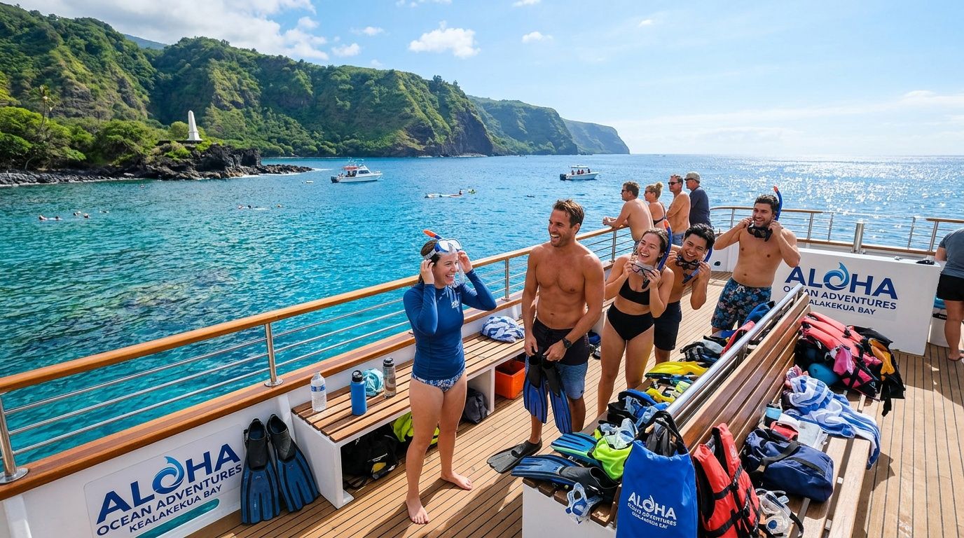 A group of people prepare for a snorkeling tour on a boat at Kealakekua Bay, Hawaii.