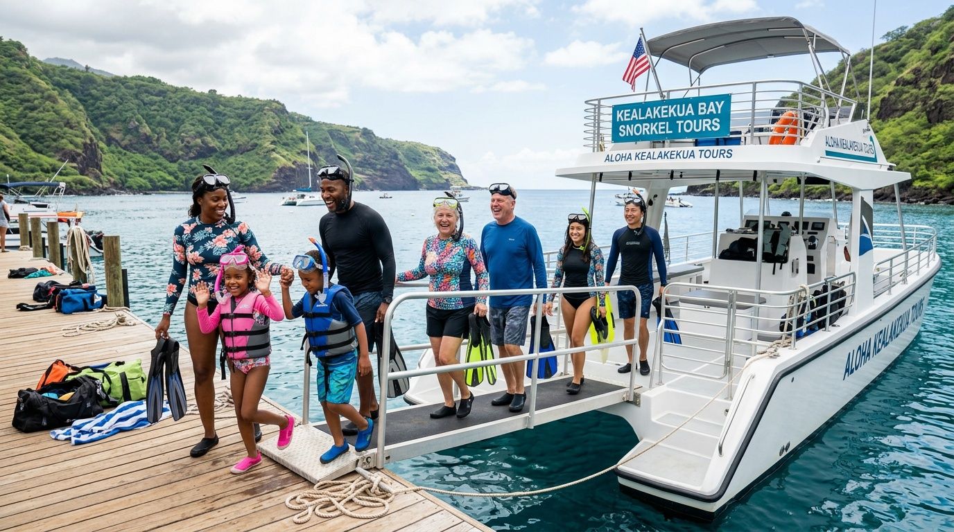 A diverse group of snorkelers exiting a tour boat onto a wooden dock in Hawaii.